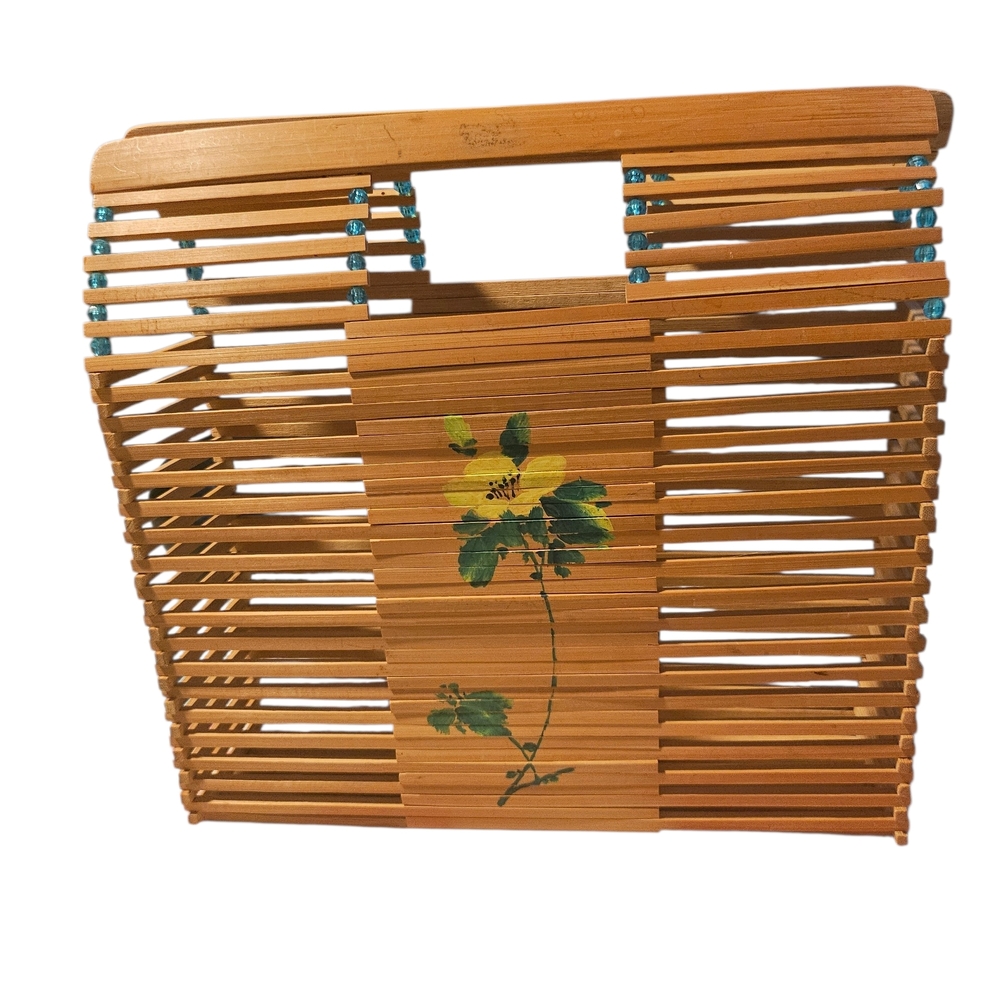1970s Bamboo Slatted Handbag with Floral Design